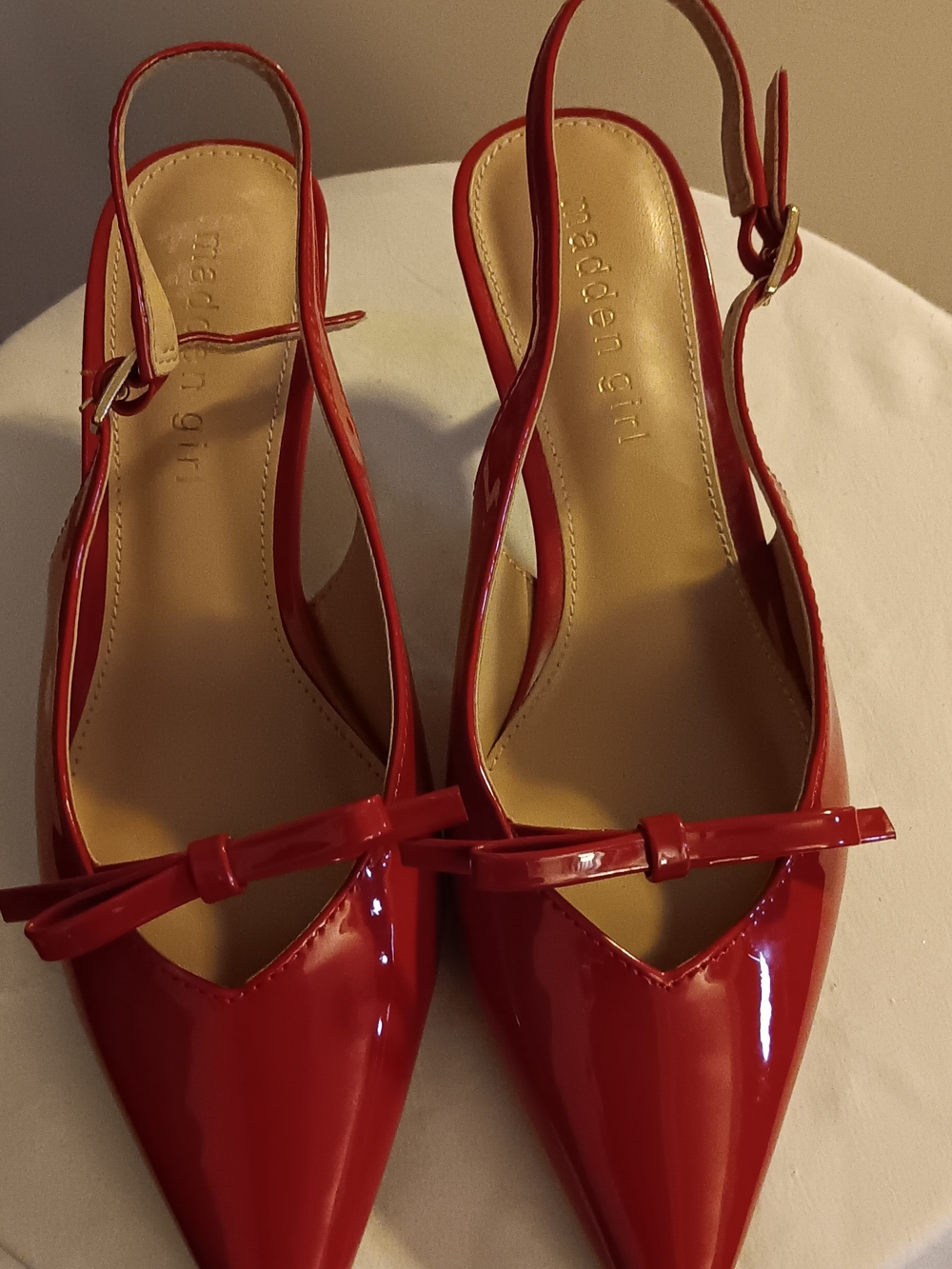 Madden Girl Red Patent Pointed-Toe Slingback Mules with Bow